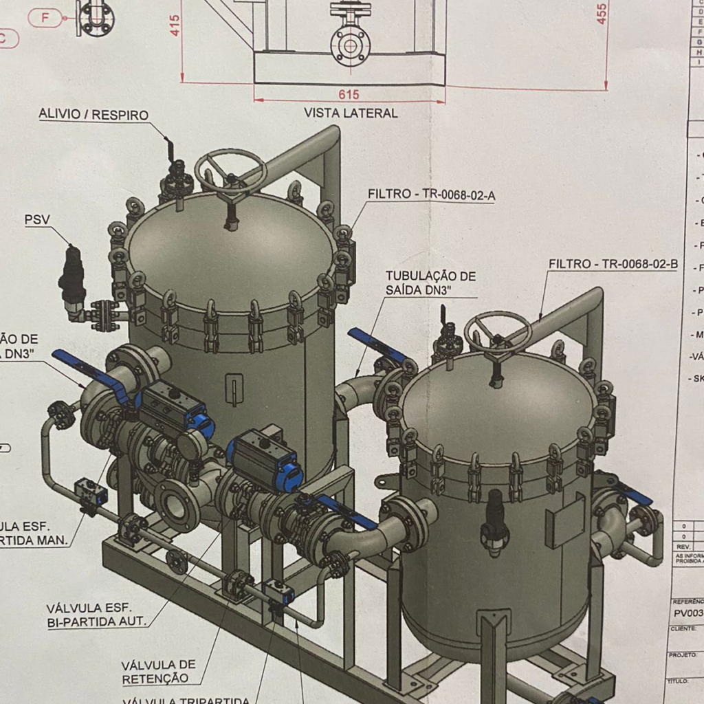 Projeto técnico de um sistema de filtros industriais sob demanda, com detalhamento de equipamentos, tubulações, válvulas e componentes para fabricação personalizada.