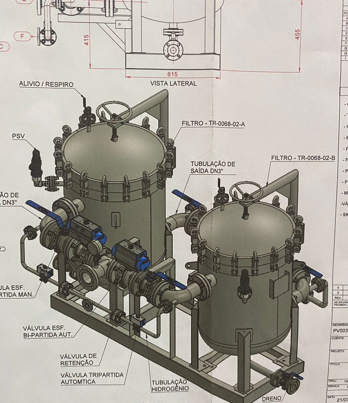 Projeto técnico de um sistema de filtros industriais sob demanda, com detalhamento de equipamentos, tubulações, válvulas e componentes para fabricação personalizada.
